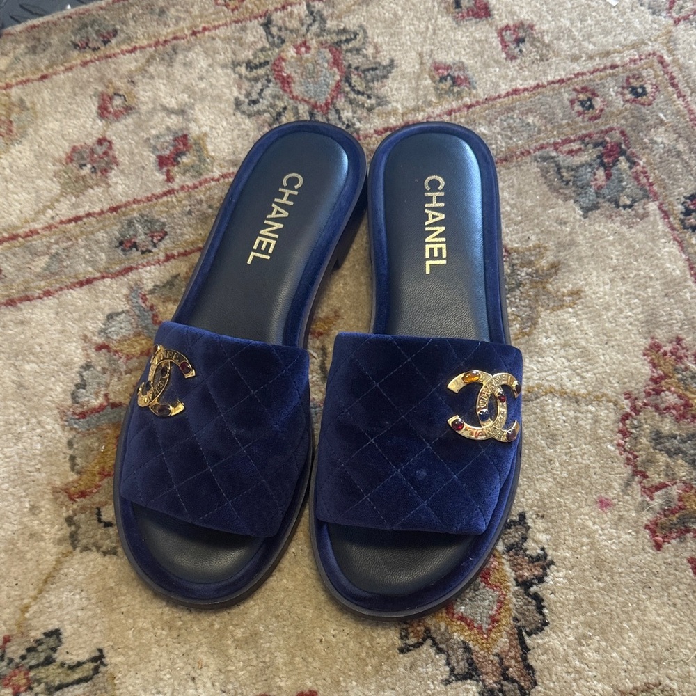 CHANEL Navy Quilted Velvet Slide Sandals with Gold CC Logos